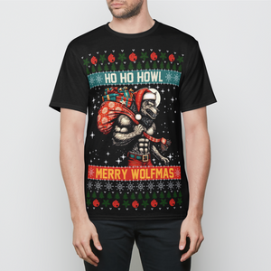 Ho Ho Howl Merry Wolfmas Ugly Christmas Men T-Shirt - Funny Werewolf Holiday Tee