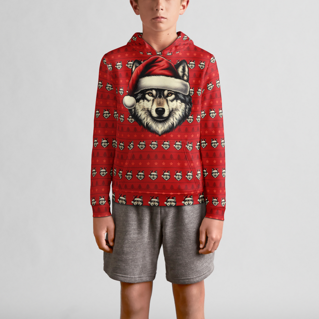 Santa Wolf Youth Pullover Hoodie - Funny Christmas Hoodie for Kids with Festive Wolf Design