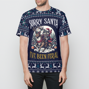 Funny Christmas Wolf Sorry Santa I’ve Been Feral Holiday Gift for Animal Lovers Mens T-Shirt