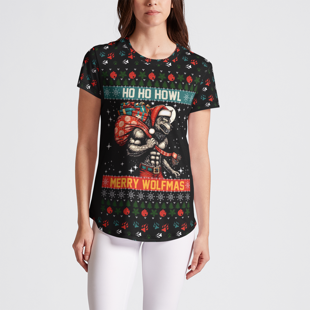 Ho Ho Howl Funny Werewolf Ugly Christmas Womens T-Shirt - Merry Wolfmas Holiday Tee for Women