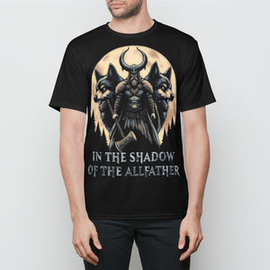 In the Shadow of the Allfather Odin and Two Wolves Mens T-Shirt