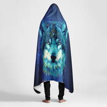 Load image into Gallery viewer, Wolf Galaxy Large Hooded Sherpa Blanket 60x80 - Mystic Blue Wolf and Moon Starry Night Throw Blanket
