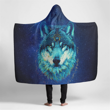 Load image into Gallery viewer, Wolf Galaxy Large Hooded Sherpa Blanket 60x80 - Mystic Blue Wolf and Moon Starry Night Throw Blanket
