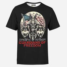 Load image into Gallery viewer, Guardians of Freedom Viking Rune - Odin and Two Wolves Mens T-Shirt
