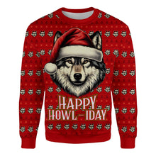 Load image into Gallery viewer, Happy Howl-iday Wolf Ugly Christmas Sweatshirt - Funny Holiday Unisex Sweatshirt for Men &amp; Women
