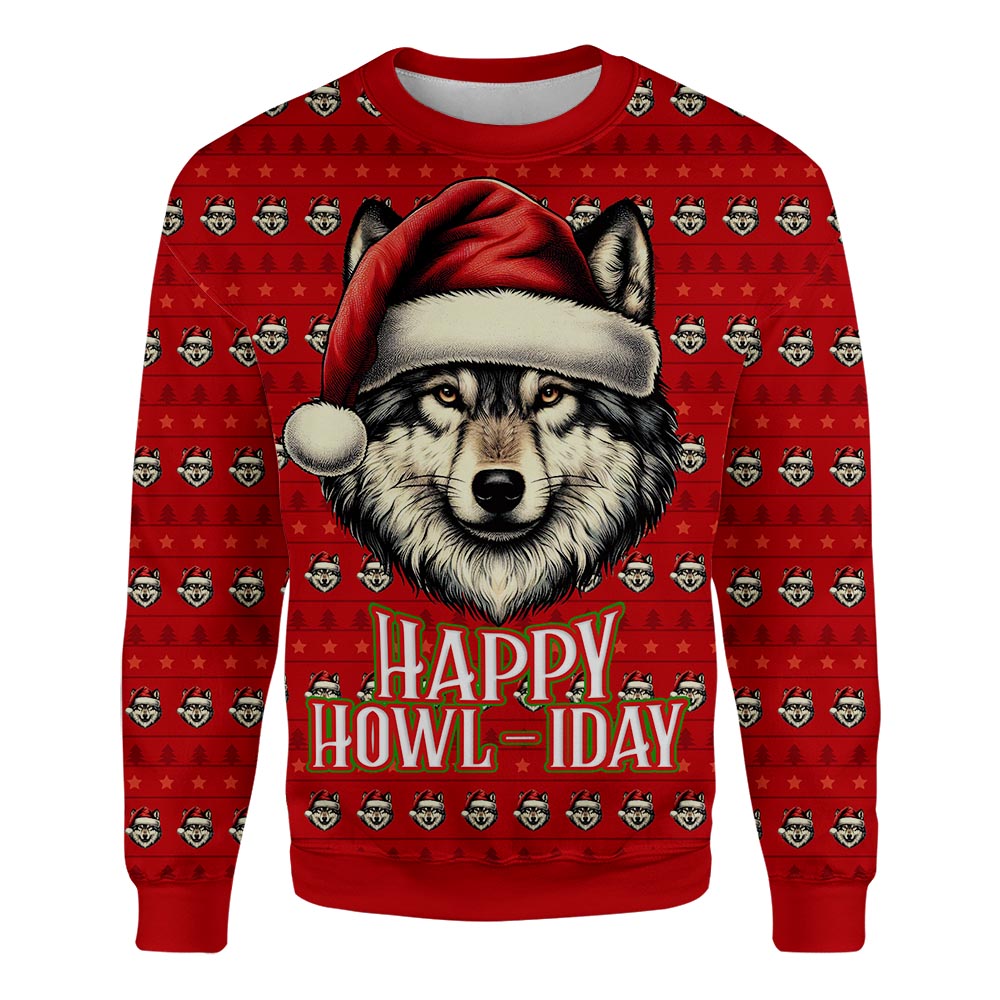 Happy Howl-iday Wolf Ugly Christmas Sweatshirt - Funny Holiday Unisex Sweatshirt for Men & Women