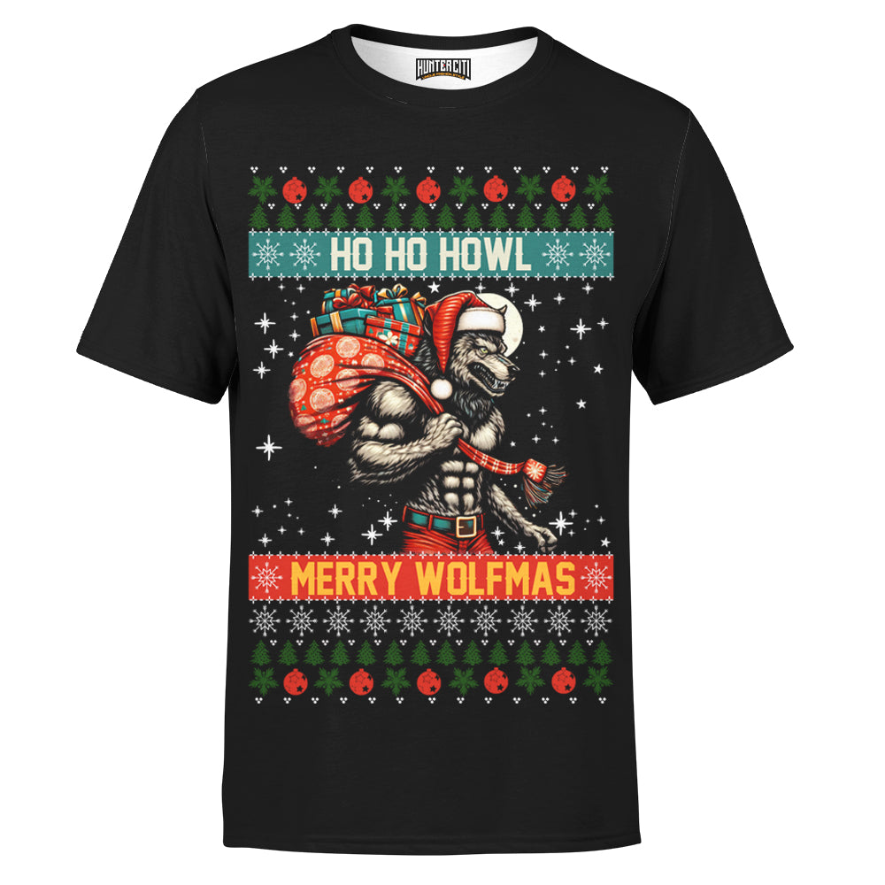 Ho Ho Howl Merry Wolfmas Ugly Christmas Men T-Shirt - Funny Werewolf Holiday Tee