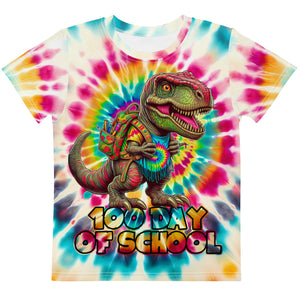 100 Days of School Dinosaur T-Rex Tie Dye Kids T-Shirt