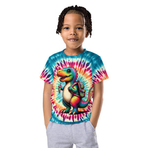 Colorful Dabbing Dinosaur Graphic Tee Kids' Tie-Dye T-Shirt