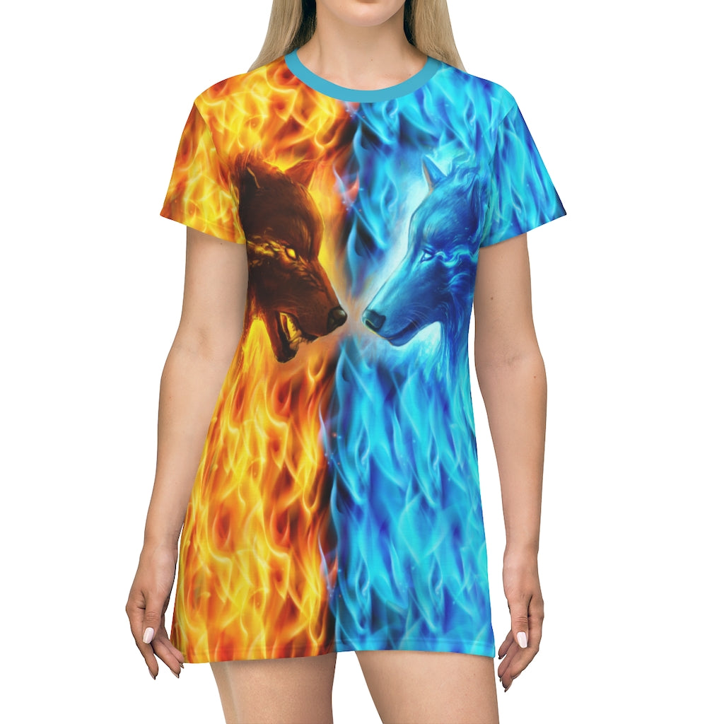 Wolf Fire and Ice All Over Print T-Shirt Dress