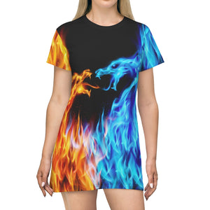 Blue And Red Fiery Dragons All Over Print T-Shirt Dress