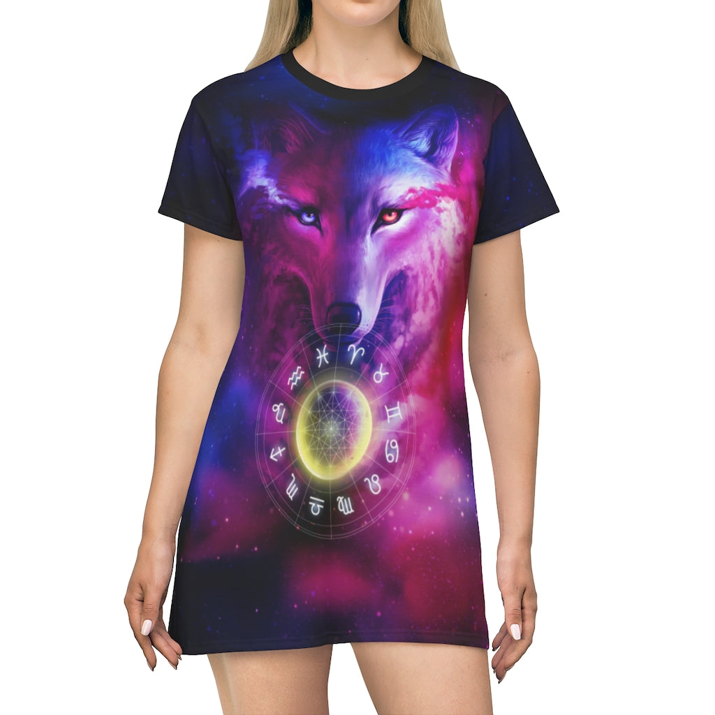 Wolf galaxy and zodiac All Over Print T-Shirt Dress