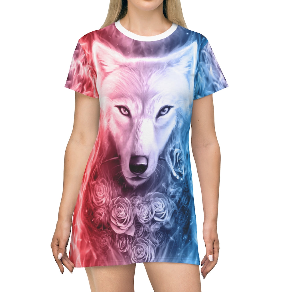 Wolf And Flowe All Over Print T-Shirt Dress